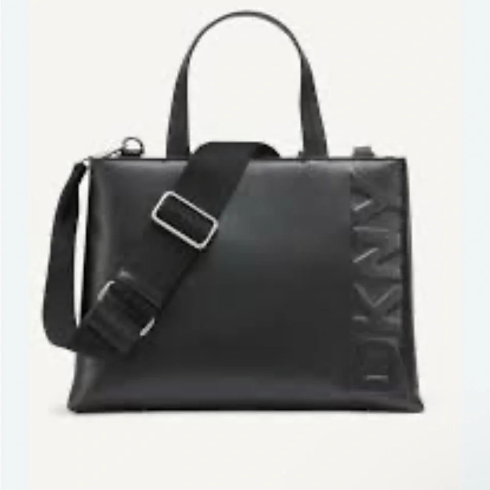 DKNY Tinsley Logo Embossed Medium Black Satchel/Crossbody Bag. NWT